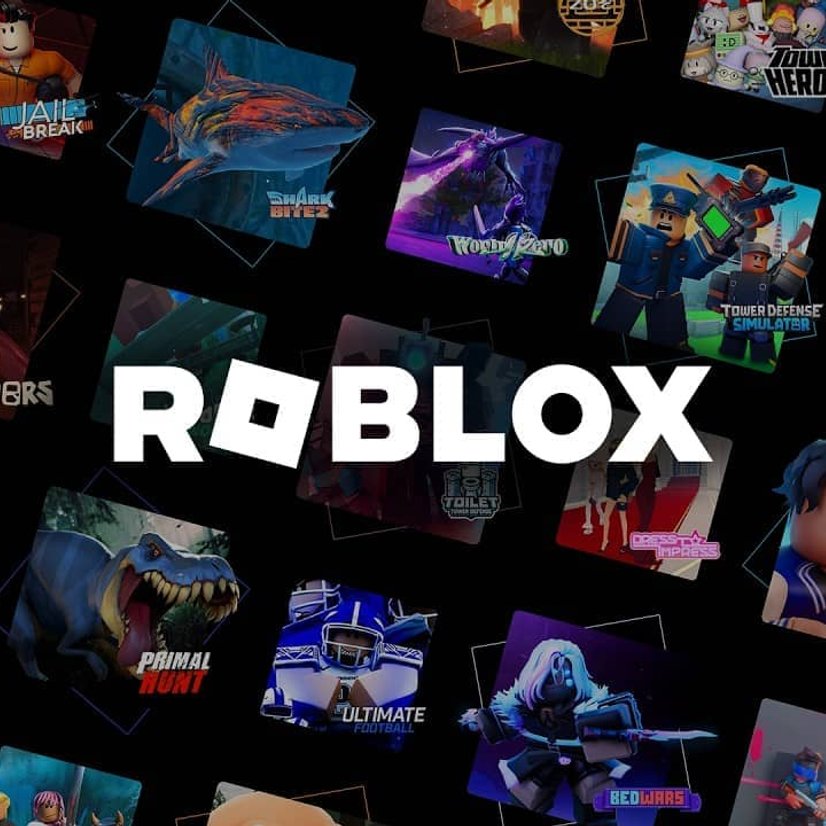 Roblox logo surrounded by various game thumbnails