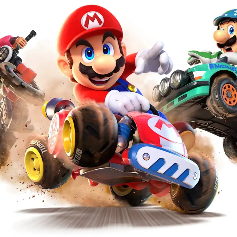 Mario riding kart surrounded by racers in dust