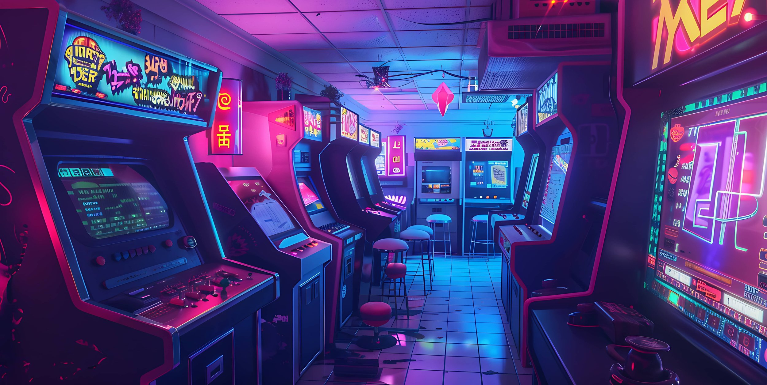 Illustrated retro arcade room with neon-lit cabinets