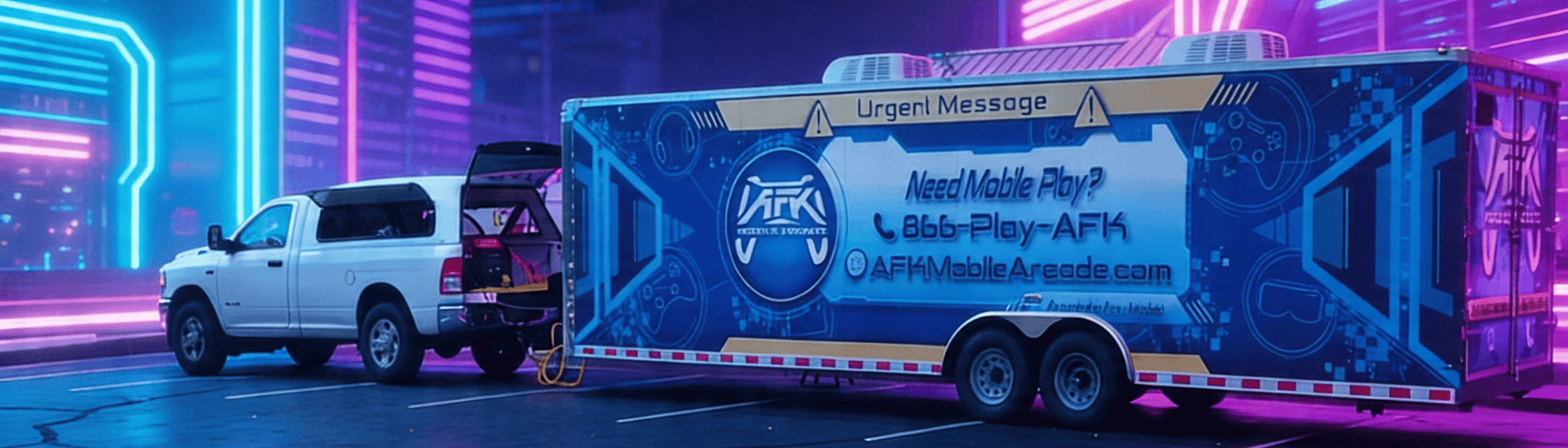 AFK Mobile Arcade trailer parked in neon-lit cityscape