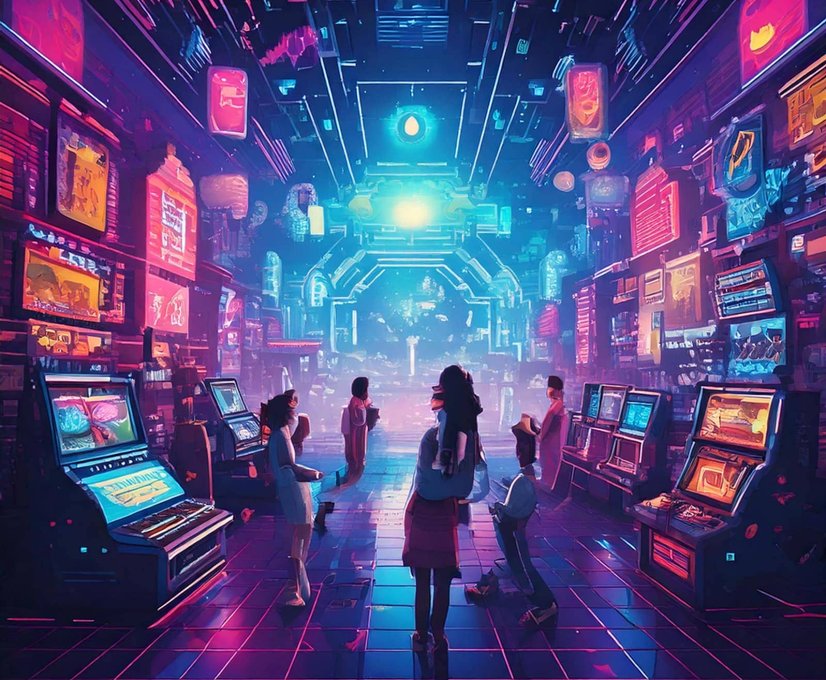 People exploring vibrant neon arcade in digital illustration